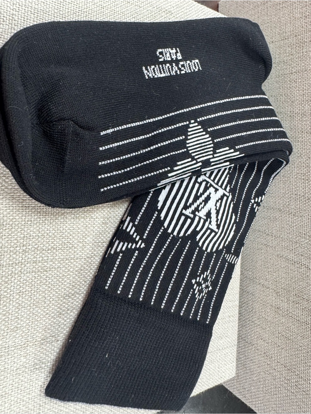 Louis Vuitton Black Crew Socks with White Monogram Stripe